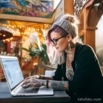 Фотография девушки с яркими татуировками на руках, работающей за ноутбуком в уютном кафе. Тату в стиле олдскул и традиционные мотивы.