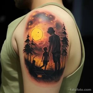 Фото тату на плече с изображением силуэтов отца и сына, идущих под полной луной в лесу. Рисунок выполнен в темных тонах с добавлением желтых акцентов.