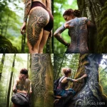 A woman revealing an intricate tattoo of an ancient tree on her side, while hiking in a majestic forest 1 - 07,11,2023 tatufoto.com