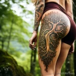 A woman revealing an intricate tattoo of an ancient tree on her side, while hiking in a majestic forest 2 - 07,11,2023 tatufoto.com