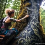 A woman revealing an intricate tattoo of an ancient tree on her side, while hiking in a majestic forest 5 - 07,11,2023 tatufoto.com