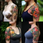 A woman showcasing a vibrant shoulder and arm tattoo of exotic birds and tropical flowers in a botanical garden 1 - 07,11,2023 tatufoto.com