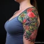 A woman showcasing a vibrant shoulder and arm tattoo of exotic birds and tropical flowers in a botanical garden 5 - 07,11,2023 tatufoto.com