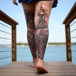 A woman showing off a bold leg tattoo with a nautical theme, standing on a dock with the ocean in the background 4 - 07,11,2023 tatufoto.com