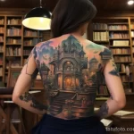 A woman with a captivating tattoo of a fairy tale scene across her back, reading a book in a quaint bookstore 5 - 07,11,2023 tatufoto.com