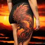 A woman with a detailed thigh tattoo of a mythical phoenix, posing in front of a dramatic fiery backdrop 4 - 07,11,2023 tatufoto.com