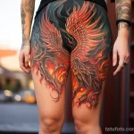 A woman with a detailed thigh tattoo of a mythical phoenix, posing in front of a dramatic fiery backdrop 5 - 07,11,2023 tatufoto.com