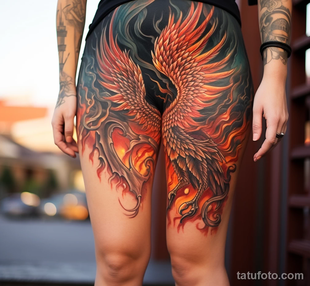 A woman with a detailed thigh tattoo of a mythical phoenix, posing in front of a dramatic fiery backdrop 5 - 07,11,2023 tatufoto.com