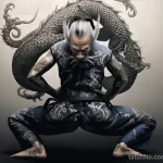 A woman with a dramatic full-back tattoo of a dragon, posed in a dynamic martial arts stance 4 - 07,11,2023 tatufoto.com