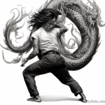 A woman with a dramatic full-back tattoo of a dragon, posed in a dynamic martial arts stance 5 - 07,11,2023 tatufoto.com
