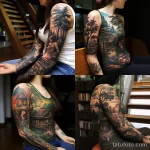 A woman with a full-sleeve tattoo depicting a forest scene with wildlife, reading a book in a cozy cabin 1 - 07,11,2023 tatufoto.com