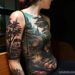 A woman with a full-sleeve tattoo depicting a forest scene with wildlife, reading a book in a cozy cabin 3 - 07,11,2023 tatufoto.com