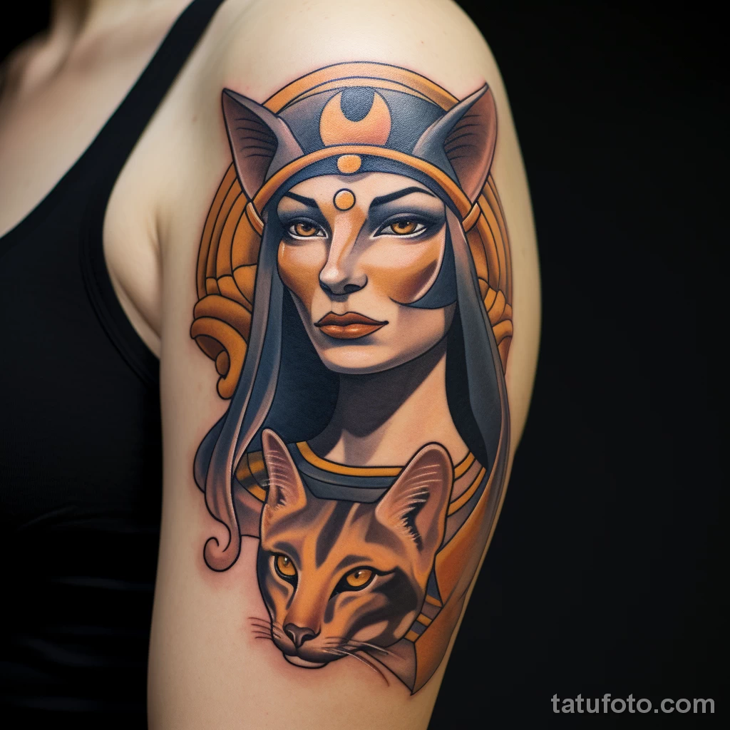 A woman with a sleeve tattoo of the Egyptian cat god fdbc aa c bcce 271123 tatufoto.com