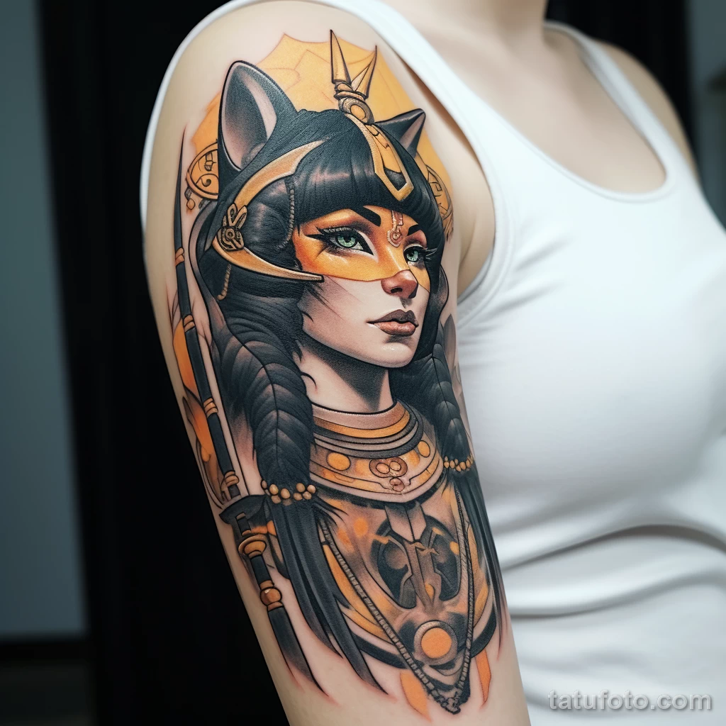 A woman with a sleeve tattoo of the Egyptian cat god fdbc aa c bcce _1_2 271123 tatufoto.com