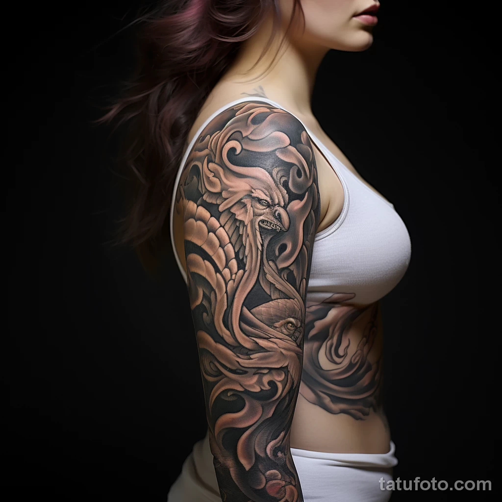 A woman with a sleeve tattoo of the Greek Chimera a ac cce edb a eabeeaaf _1 271123 tatufoto.com