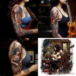 A woman with a sleeve tattoo of various musical symbols and instruments, playing a guitar in a music studio 1 - 07,11,2023 tatufoto.com