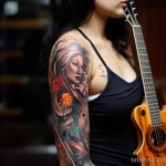 A woman with a sleeve tattoo of various musical symbols and instruments, playing a guitar in a music studio 3 - 07,11,2023 tatufoto.com