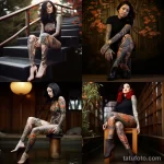 A woman with a stunning full-leg tattoo featuring a Japanese koi fish design, seated beside a tranquil pond 1 - 07,11,2023 tatufoto.com