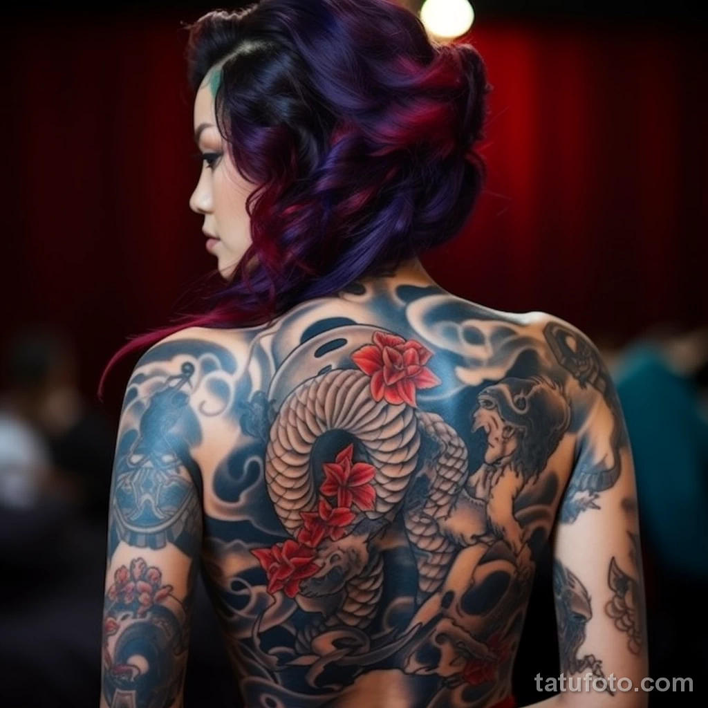 A woman with a tattoo of the Japanese fortune god Eb dbafe eec a be cec _1_2 271123 tatufoto.com