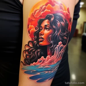 Фото татуировки с изображением девушки, окруженной волнами и облаками. Яркие цвета, реалистичный стиль, динамичная композиция.