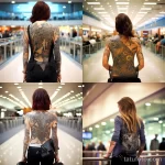 A woman with an artistic tattoo of a world map on her back, standing in an airport, symbolizing a love for travel 1 - 07,11,2023 tatufoto.com