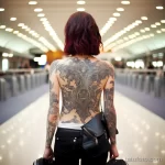 A woman with an artistic tattoo of a world map on her back, standing in an airport, symbolizing a love for travel 2 - 07,11,2023 tatufoto.com