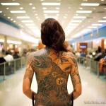 A woman with an artistic tattoo of a world map on her back, standing in an airport, symbolizing a love for travel 4 - 07,11,2023 tatufoto.com