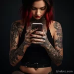 Фото тату на руках и теле девушки, смотрящей в смартфон. Детализированные рисунки в стиле реализм и традиционные мотивы.
