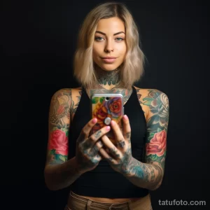 Фотография девушки с короткими светлыми волосами и татуировками на руках и шее, держащей телефон с цветочным дизайном, демонстрирует современный и яркий образ.