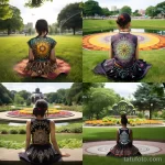 Коллаж из четырех фотографий тату мандалы на спине девушки в разных локациях. Рисунки выполнены в различных цветовых гаммах и стилях.