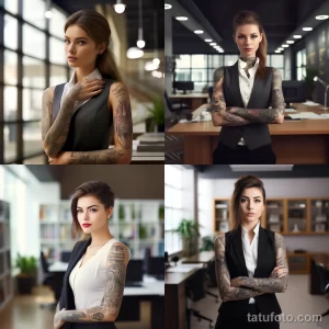 Коллаж из четырех фотографий девушек в деловых костюмах с татуировками на руках и шее, демонстрирующий различные стили и сюжеты.