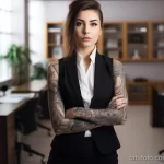 Фото девушки в деловом костюме с татуировками на руках, демонстрирующее сочетание строгости и индивидуальности. Идеально для тех, кто хочет выразить себя через тату.