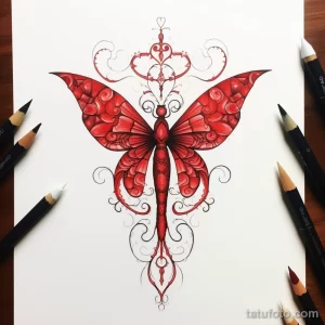 Фото тату эскиза бабочки красного цвета с замысловатыми узорами на крыльях и детальной проработкой тела. Идеально для любителей орнаментальных татуировок.