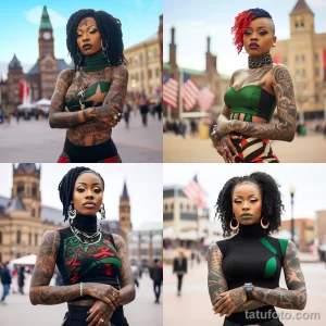 Коллаж из четырех фотографий девушек с обширными татуировками на теле. Разнообразие стилей и сюжетов татуировок.