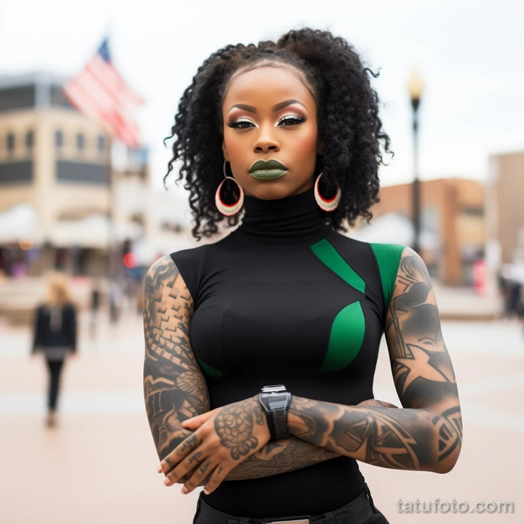 African beautiful Girl in full growth on the city square with large beautiful tattoos on her body posing, the country’s flag is visible in the background 2 - 08112023 tatufoto.com 40