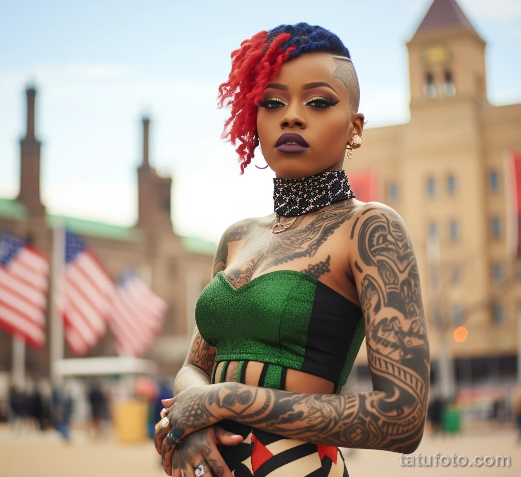 African beautiful Girl in full growth on the city square with large beautiful tattoos on her body posing, the country’s flag is visible in the background 4 - 08112023 tatufoto.com 42