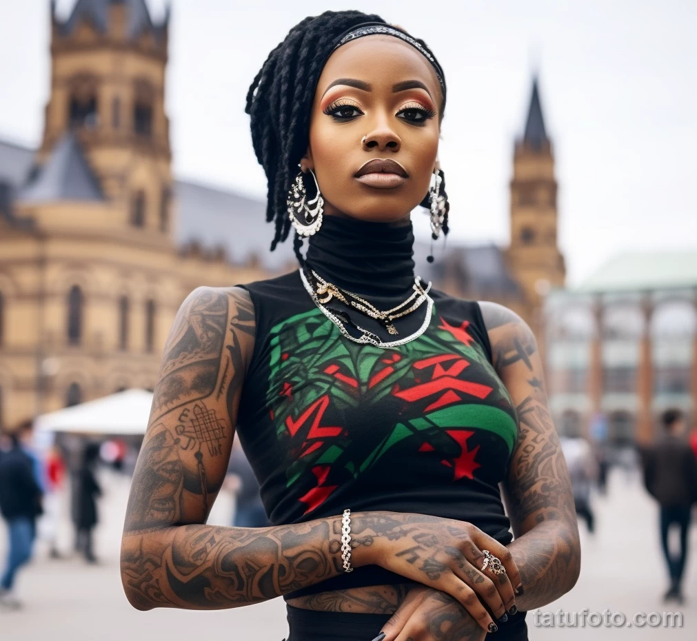 African beautiful Girl in full growth on the city square with large beautiful tattoos on her body posing, the country’s flag is visible in the background 5 - 08112023 tatufoto.com 43