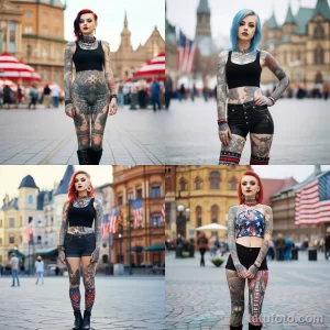 Коллаж из четырех фотографий девушек с обширными татуировками на теле. Разнообразие стилей и сюжетов татуировок.