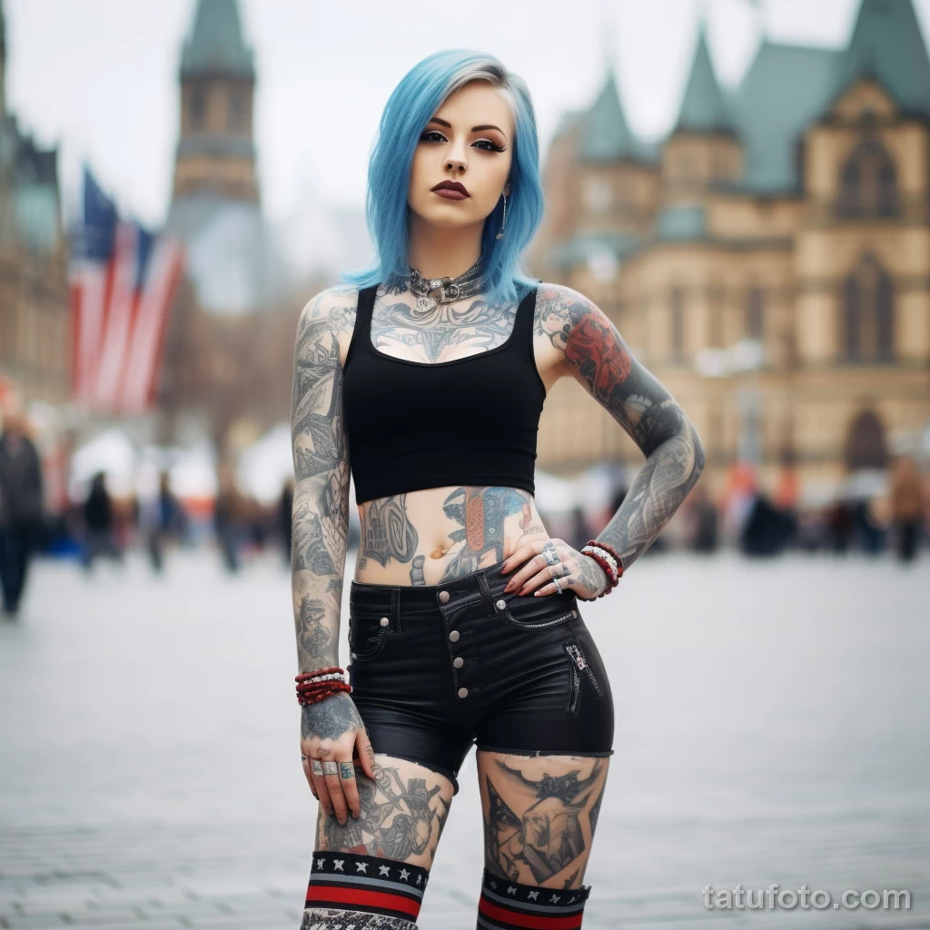 American beautiful Girl in full growth on the city square with cool tattoos on her body posing dressed in short national clothes 2 - 08112023 tatufoto.com 45