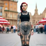 American beautiful Girl in full growth on the city square with cool tattoos on her body posing dressed in short national clothes 3 - 08112023 tatufoto.com 46