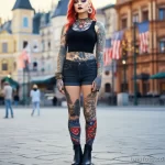 Фото тату на предплечье и руке девушки с яркими волосами. Рукав татуировок выполнен в смешанном стиле с использованием ярких цветов.