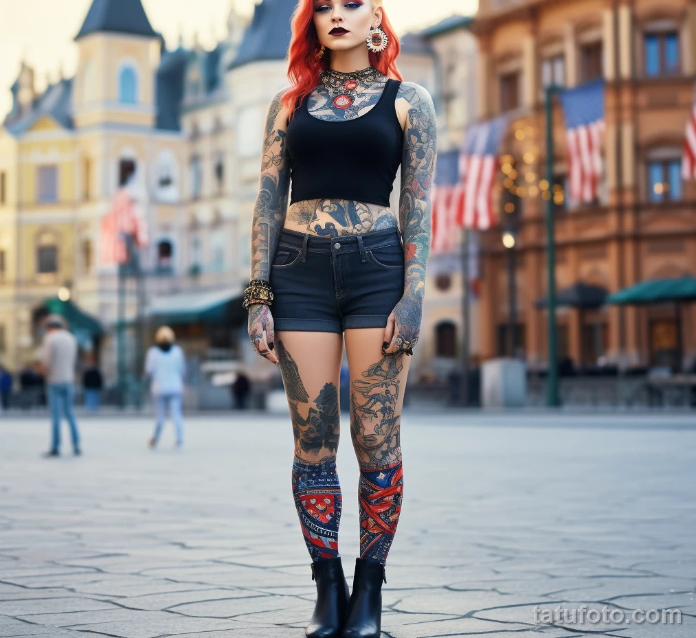 American beautiful Girl in full growth on the city square with cool tattoos on her body posing dressed in short national clothes 4 - 08112023 tatufoto.com 47