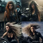 An atmospheric photo of a biker girl next to a motorcycle, where the name tattoo on her forehead is visible through strands of wind-tossed hair 1 - 07,11,2023 tatufoto.com
