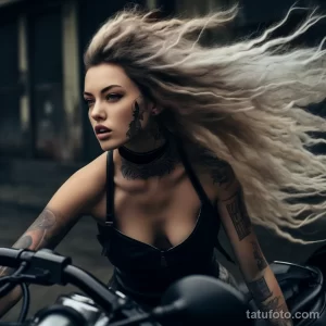 Фотография блондинки на мотоцикле с яркими татуировками, вдохновляющая на создание смелого и стильного тату.