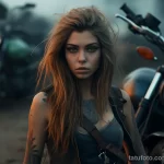 An atmospheric photo of a biker girl next to a motorcycle, where the name tattoo on her forehead is visible through strands of wind-tossed hair 3 - 07,11,2023 tatufoto.com