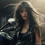 An atmospheric photo of a biker girl next to a motorcycle, where the name tattoo on her forehead is visible through strands of wind-tossed hair 4 - 07,11,2023 tatufoto.com