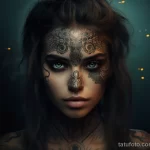 An image of a tattooed girl with an emphasis on her eyes, against the background of which a tattoo with a name on her forehead looks like part of a mystical image 3 - 07,11,2023 tatufoto.com