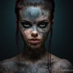 An image of a tattooed girl with an emphasis on her eyes, against the background of which a tattoo with a name on her forehead looks like part of a mystical image 5 - 07,11,2023 tatufoto.com