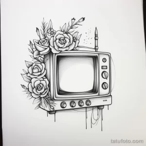 Черно-белый эскиз татуировки старого телевизора, увитого розами и другими цветами, с капающими каплями, выполненный в романтичном стиле.