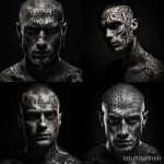 Art photo with contrasting black and white lighting, highlighting the texture of the skin and the name tattoo on the forehead 1 - 07,11,2023 tatufoto.com
